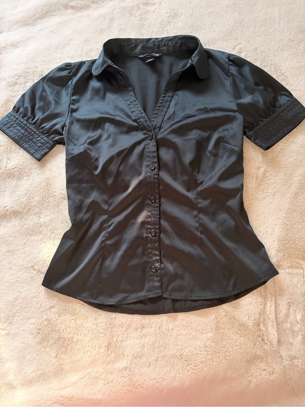 H&M Black Satin Button Down Puff Sleeve Blouse Size 10